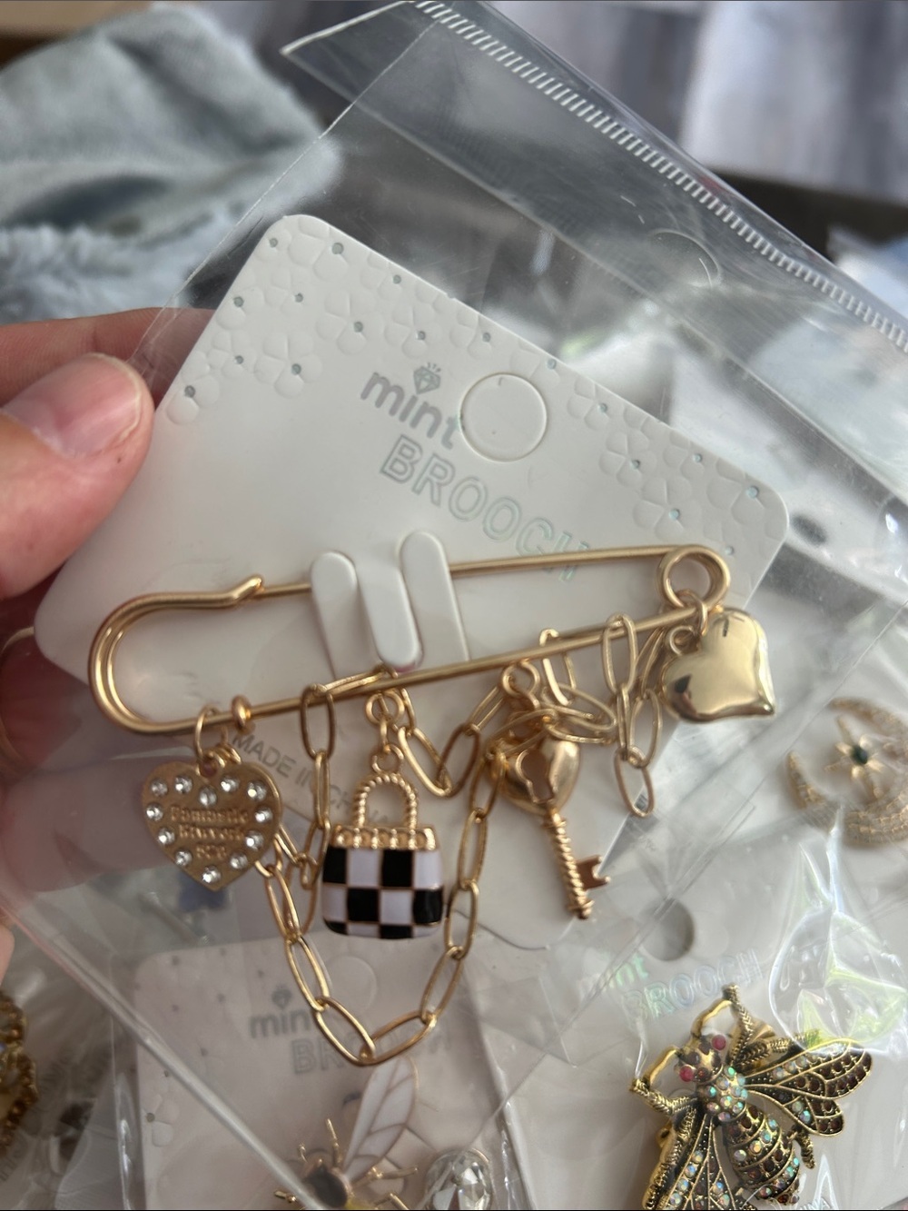 4/$50 Gold Checkered Charm Safety Pin Brooch - Women Accessories